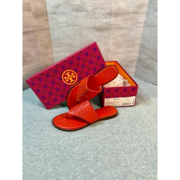 Tory Burch Jamie Full Logo Thong‎ Sandal Womens 8 Red Samba Leather Logo Casual
